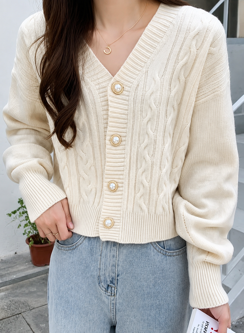 Classic V-Neck Cable Knit Cropped Cardigan Sweater in Cream White