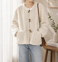 Women's Fluffy Faux Fur Collarless Toggle Jacket - Ivory Cream