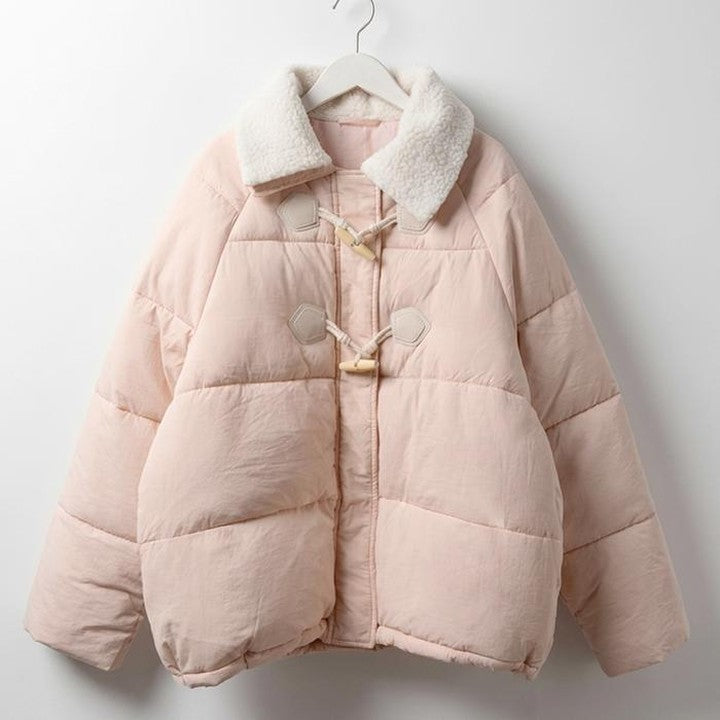 Women's Pastel Pink Short Duffle Puffer Jacket with Fleece Collar & Toggle Closures
