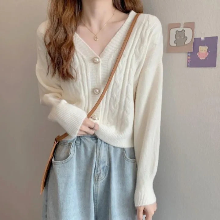 Classic V-Neck Cable Knit Cropped Cardigan Sweater in Cream White