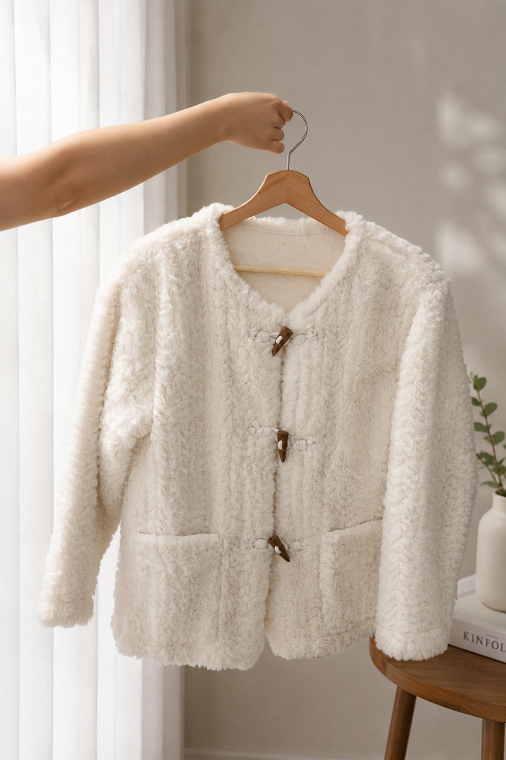 Women's Fluffy Faux Fur Collarless Toggle Jacket - Ivory Cream