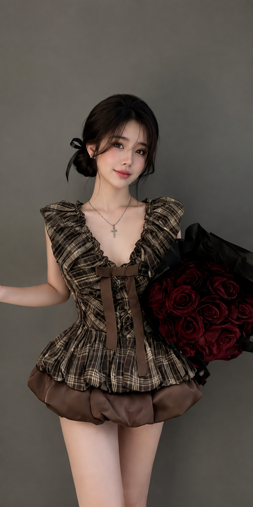 A young woman modeling a brown plaid ruffled mini dress with a bow at the waist, holding a large bouquet of dark red roses against a plain gray studio background.