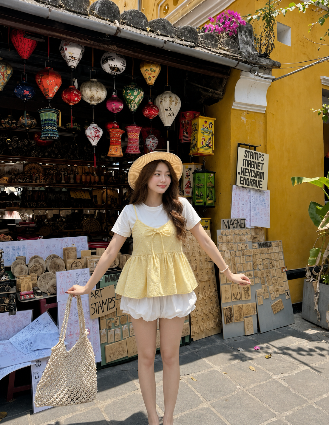A woman stands on a street in front of a yellow shop, wearing a yellow and white ruffled top with a white t-shirt underneath, a straw hat, and holding a woven tote bag.